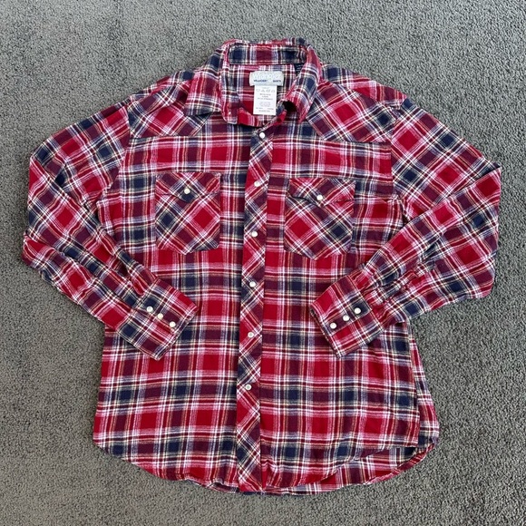 100% Cotton Pearl Snap Retro Wrangler Wrancher Red & Blue Plaid Shirt Size L - Picture 3 of 7